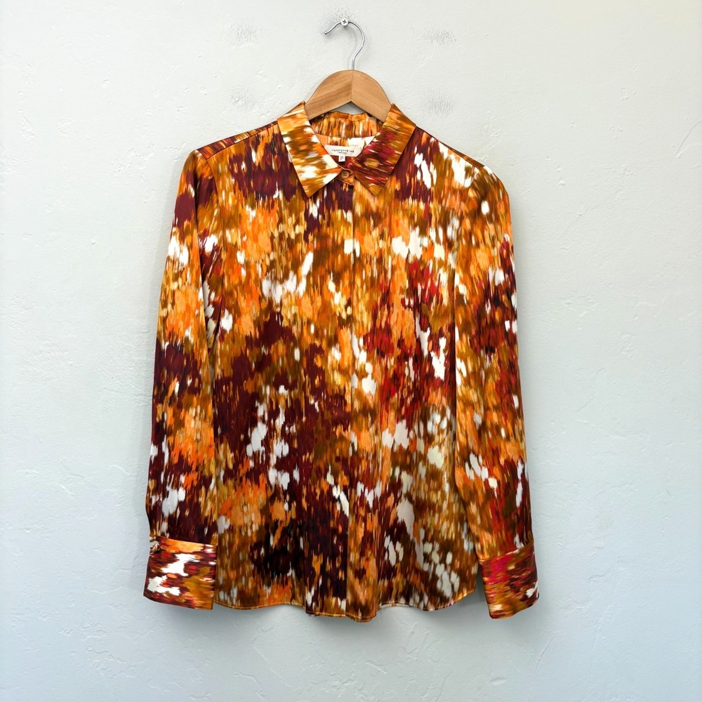 Lafayette 148 New York Scottie Blouse Shirt Women Size Medium Orange Button Up